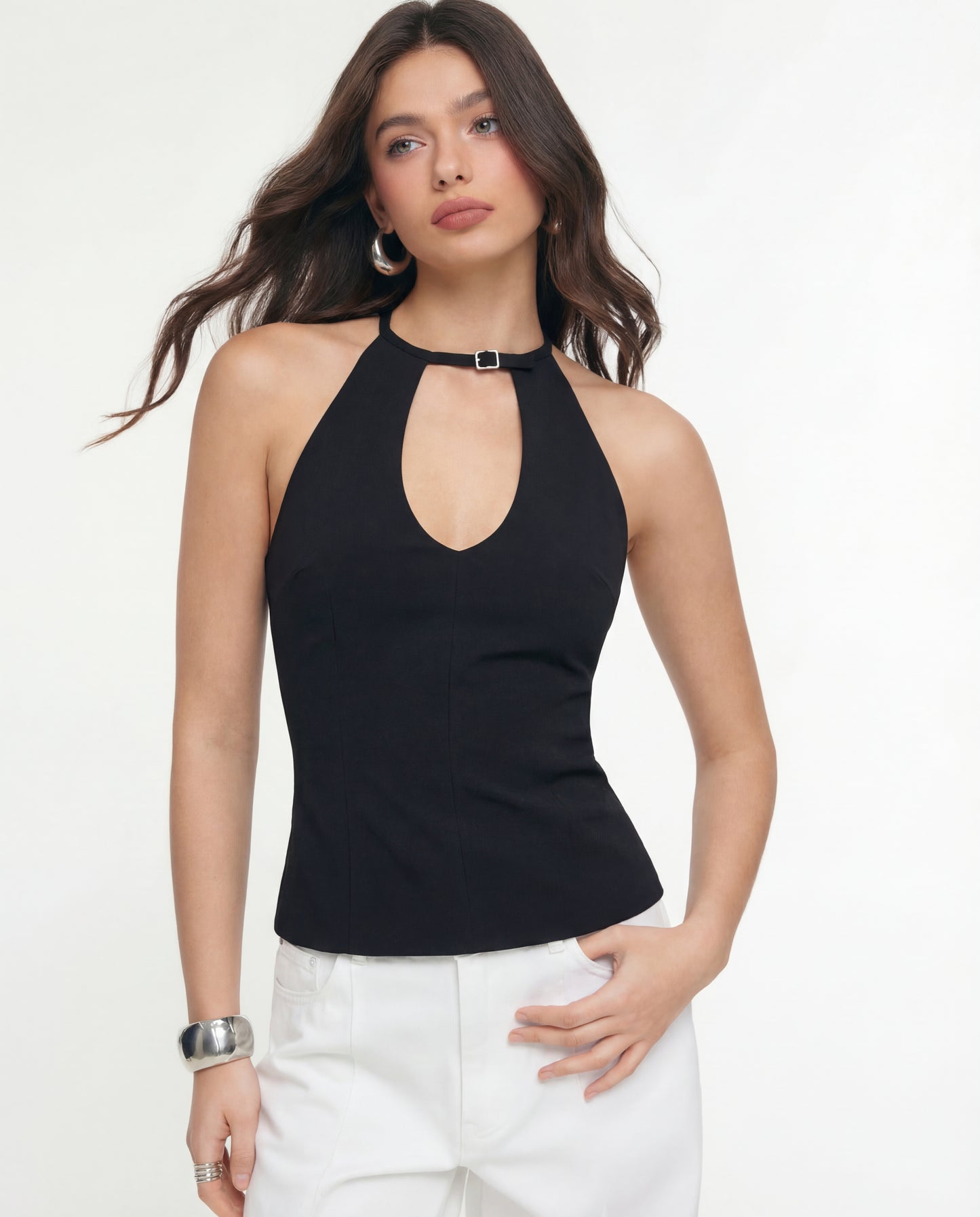 Belted Halter Top In Black