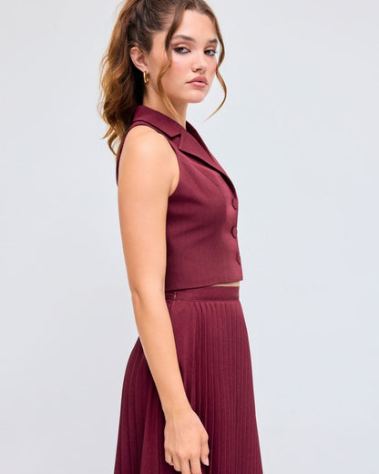 coord sets,bottomwear, topwear,casual chic, formal, semi-formal,minimal, sophisticated, summer, timeless,woven,satin,maroon,solid,pleated,button, zipper,tailored fit top,vest,waist length top,straight hem,lapel collar,no straps,no sleeves,sleeveless,button down top,skirts,pleated skirt,midi skirt,straight hem,mid rise waist,no pockets OY3044, 25070017GG