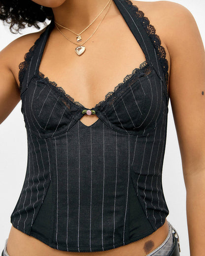 topwear,tops,casual, vacation, outdoor events,glam, summer, streetwear,woven,polycotton,black,pinstripes, stripes,pinstripes,lace, zipper,slim fit,crop,crop,curved hem,halter neck,sleeveless, OY2005, 25060037GG
