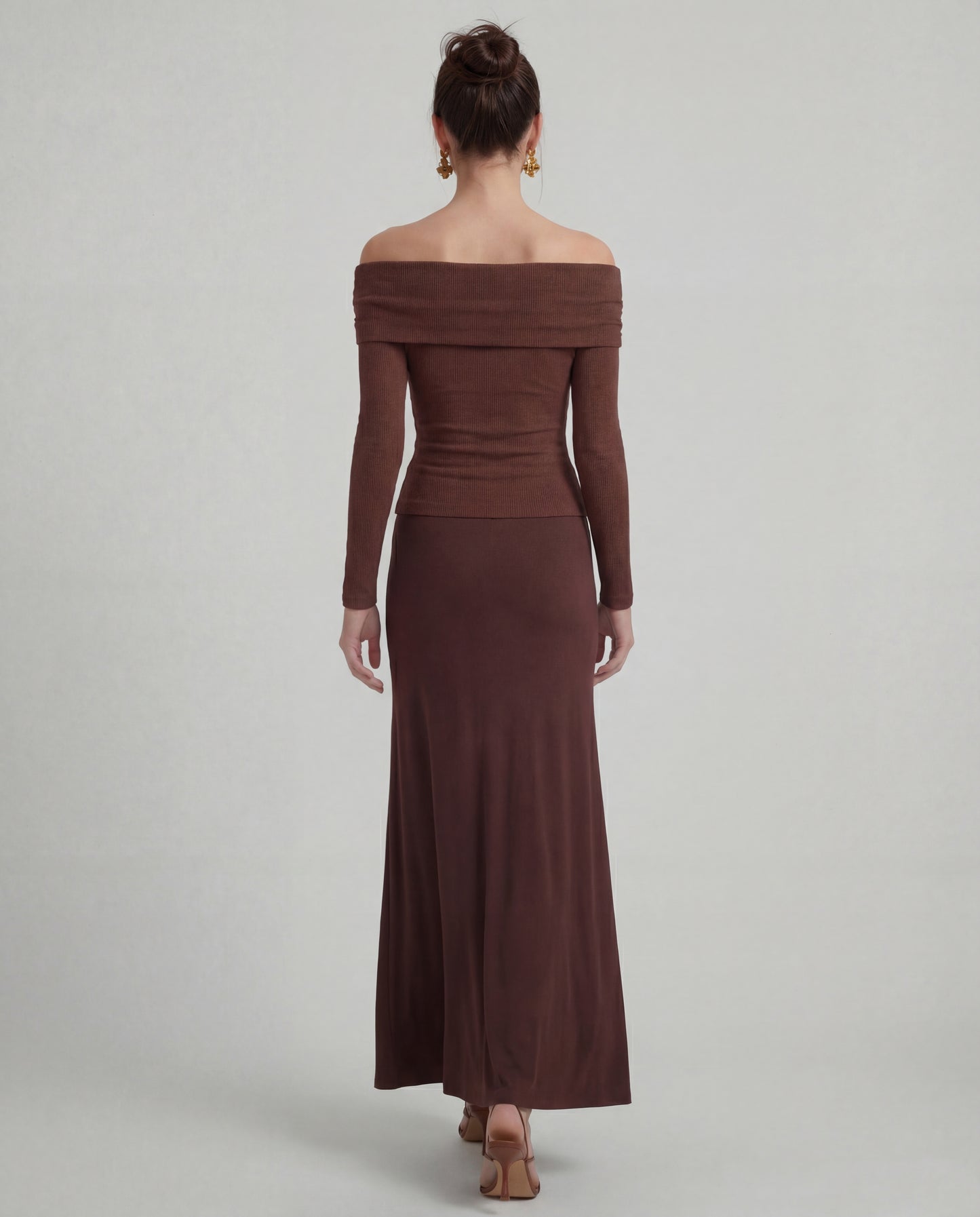 Brown Bardot Top With Skirt - Coord Set