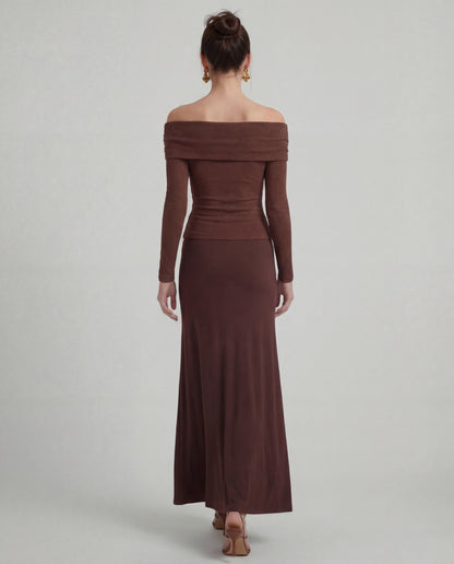 Brown Bardot Top With Skirt - Coord Set
