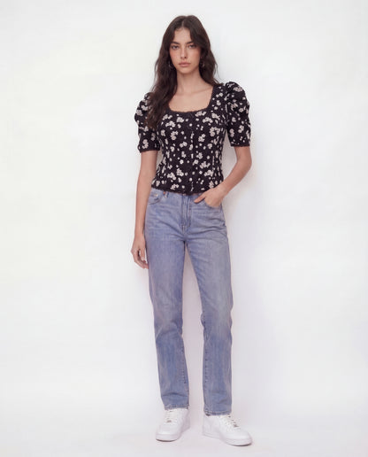 Black Florals Lace-Trim Fitted Button-Up Top