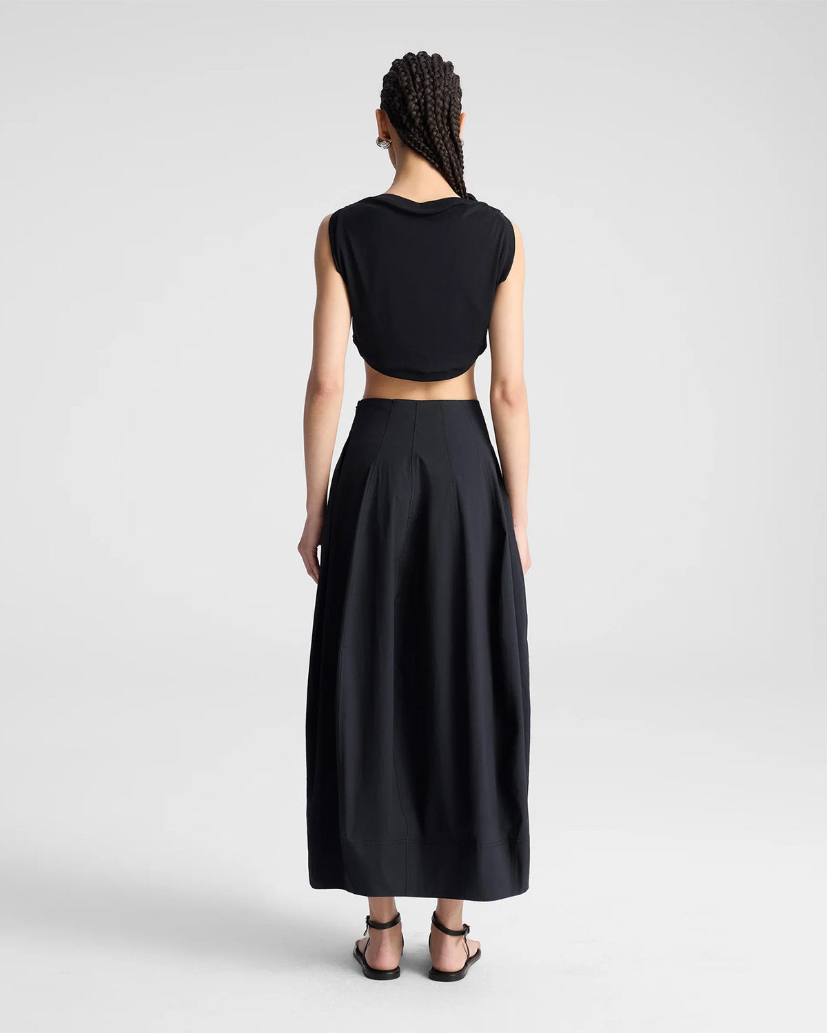 coord sets,bottomwear, topwear,casual chic, vacation, outdoor events, summer,genz fit,woven,cotton,panels,black,solid,panelling,,,relaxed fit top,tank top,crop length top,curve hem top,boat neck,no straps ,no sleeves,sleeveless,slip on,skirts,bubble skirt,full length,bubble hem,mid rise waist,side pockets, OY3059, 25070028GG