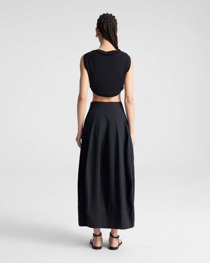 coord sets,bottomwear, topwear,casual chic, vacation, outdoor events, summer,genz fit,woven,cotton,panels,black,solid,panelling,,,relaxed fit top,tank top,crop length top,curve hem top,boat neck,no straps ,no sleeves,sleeveless,slip on,skirts,bubble skirt,full length,bubble hem,mid rise waist,side pockets, OY3059, 25070028GG
