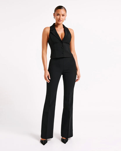 topwear,tops, waist coat,formal, semi-formal, outdoor events,creative workwear, minimal, summer,stretchable,polyester, spandex,black,solid,tailored fit,waist coat,waist length,lapel collar,sleeveless,25010064GG, OY1708