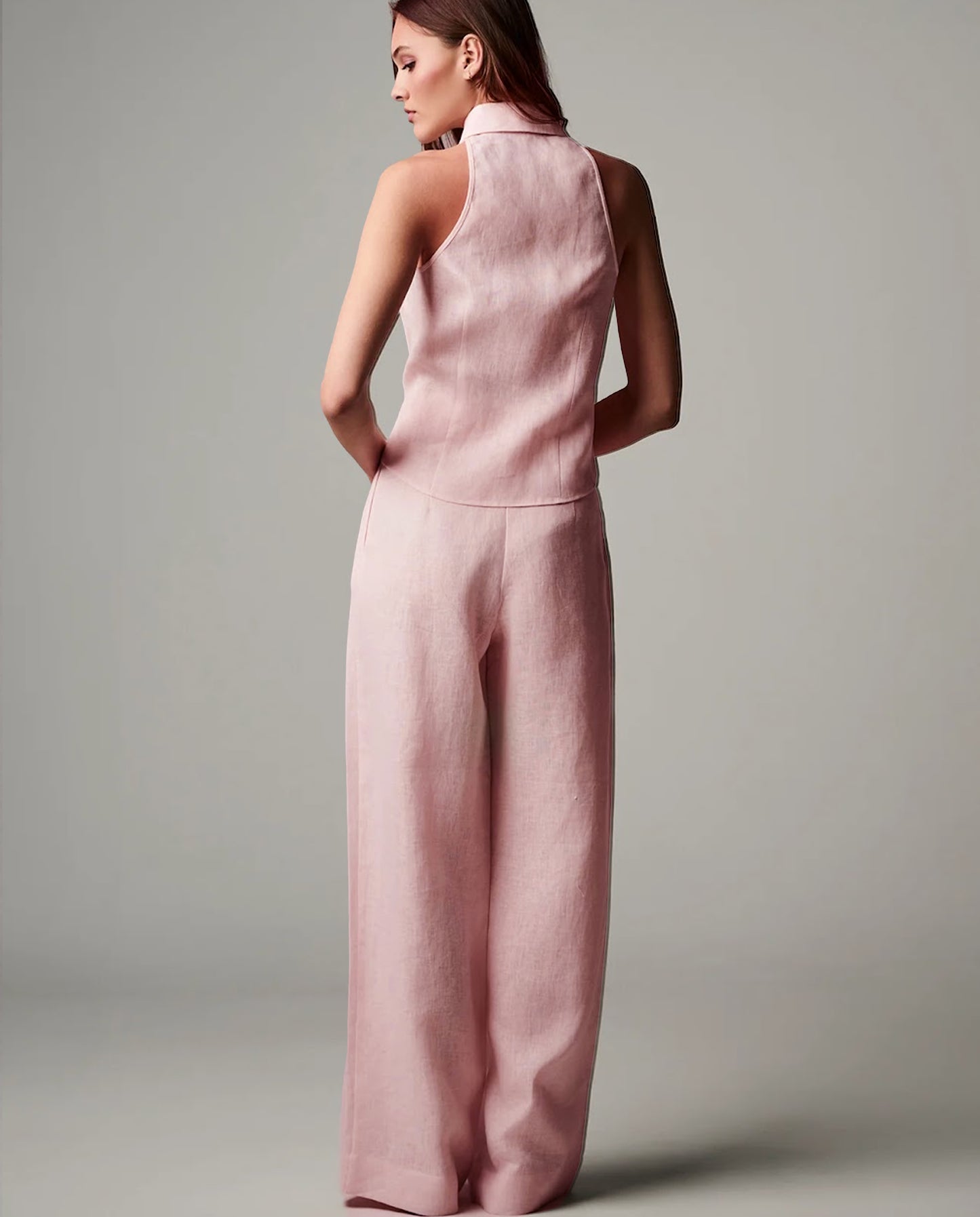 Tailored Vest Linen Blend Top & Pants Co-Ord Set Pink