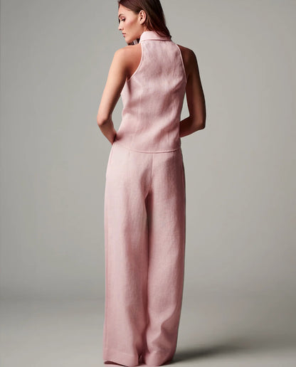Tailored Vest Linen Blend Top & Pants Co-Ord Set Pink