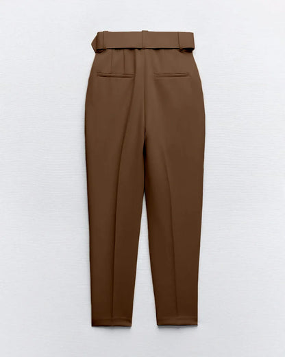 Belted Tapered Pants With Belt - Brown