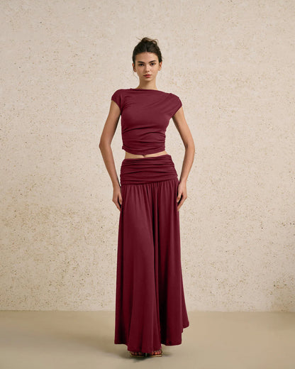 coord sets,bottomwear, topwear,casual chic, outddoors, vacation, lunch date, summer,urban fit, genz, minimal,knitted,ribbed,ruching,dark brown,solid,ruching,,,slim fit top,fitted top,waist length,straight hem,crew neck,no straps,short sleeves,cap sleeves,slip on top,skirts,flare  skirt,full length,flared hem,mid rise waist,no pockets, OY3049, 25070020GG