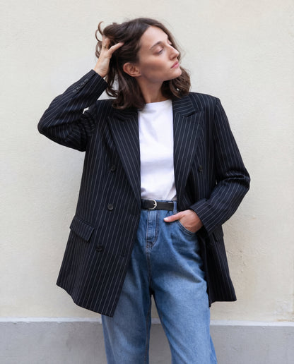 Pinstripes Double Breasted Blazer With Belt