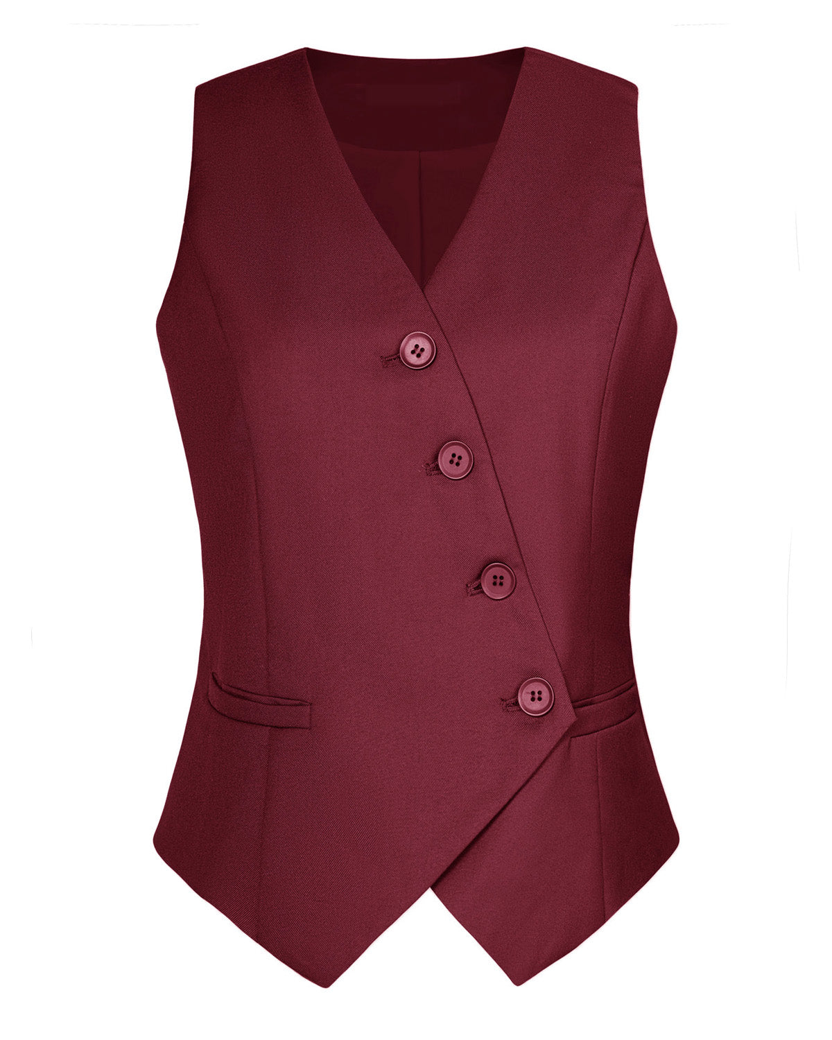 topwear,tops,formal, semi-formal,creative workwear, minimal, summer,stretchable,polyester, spandex,maroon,solid,oblique placket,regular fit,waist coat,regular length,slit hem,v-neck,sleeveless	25010060GG,OY1703