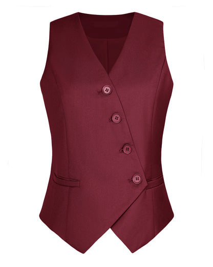 topwear,tops,formal, semi-formal,creative workwear, minimal, summer,stretchable,polyester, spandex,maroon,solid,oblique placket,regular fit,waist coat,regular length,slit hem,v-neck,sleeveless	25010060GG,OY1703