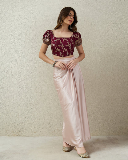 topwear,tops,ethnic, indo-western,ethnic wear, festive wear, indian wear, summer, casual,woven,poly,brocade,purple,floral pattern,panelling,zipper,skinny fit,slim fit top,crop length,curved hem,square neck,no straps,puff sleeves,short sleeves, OY2102, 25070043GG