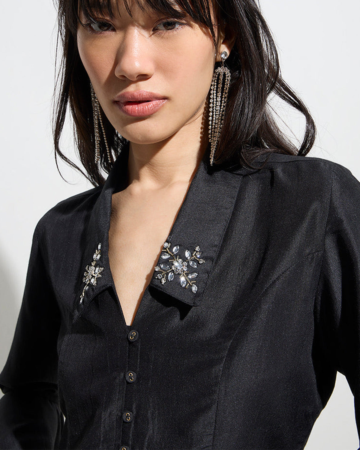 coord sets,bottomwear, topwear,party, outdoor events,festive, glam, indo western, minimal, soft girl,woven,santoon,embroidered,black,solid,panelling,bead, rhinestone,regular fit top,crop top,crop top,flared hem,lapel collar,no straps,flounce sleeve,three quarter sleeves,button up,pants,panelled flare pants,full length,flared hem,mid rise waist,OY3031, 25070058GG