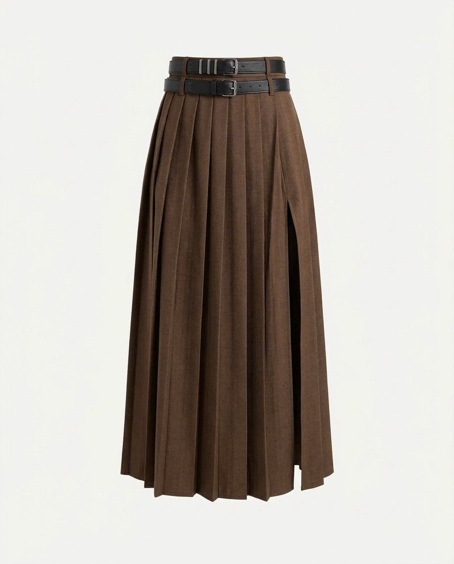 Pleated Slit Skirt With Detachable Belts - Brown