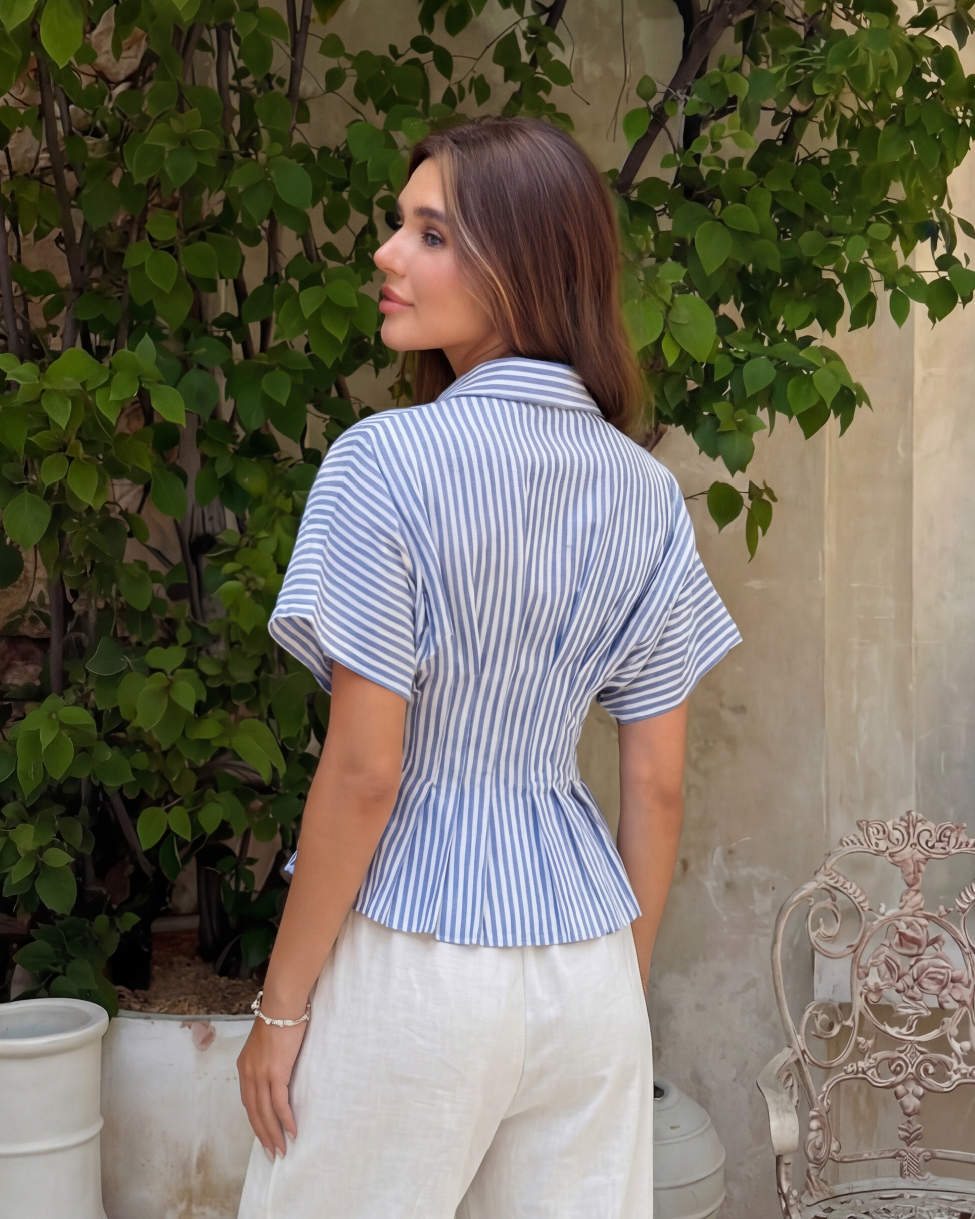 topwear,tops,casual, outdoor events,minimal, summer, streetwear,woven,linen,printed,blue,color block, pinstripes,pleated, pinstripes,button,tailored fit,fit and flare,waist length,curved hem,shirt collar,batwing sleeve,short sleeves	25060048GG,OY2016