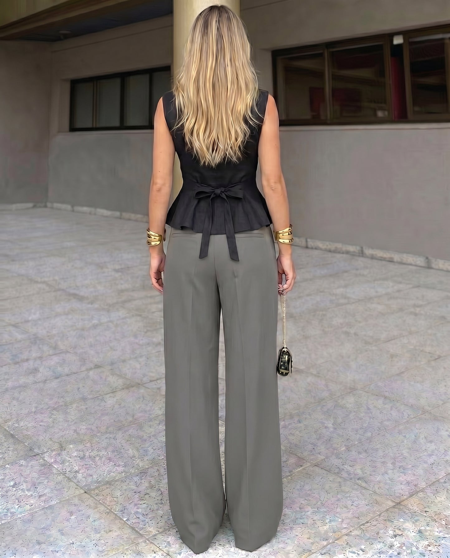 Black Buttoned Peplum Top and Grey Corset Waist pants