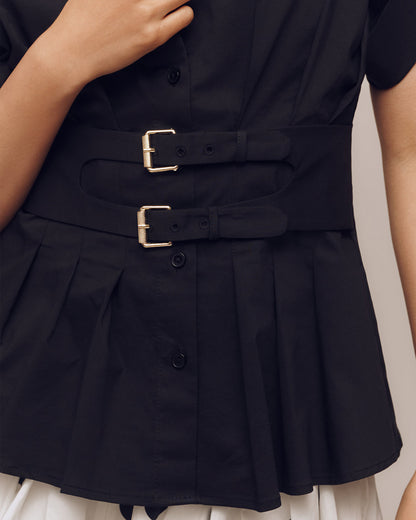 topwear,tops, shirts,casual chic, semi-formal,gen z, millenial, minimal,woven,poplin,black,solid,pleated,buckle,tailored fit,fit and flare,waist length,flared hem,shirt collar,no straps,drop shoulder,short sleeves	OY2121, 25090031GG