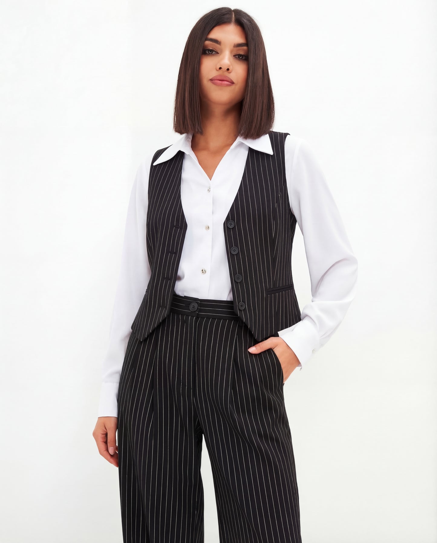 Pinstripe Vest and Wide-Leg Trousers Suit Set