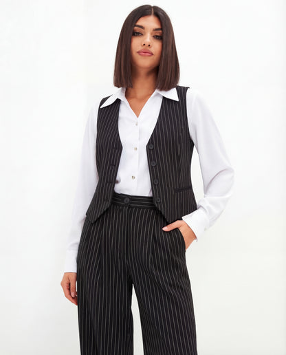 Pinstripe Vest and Wide-Leg Trousers Suit Set