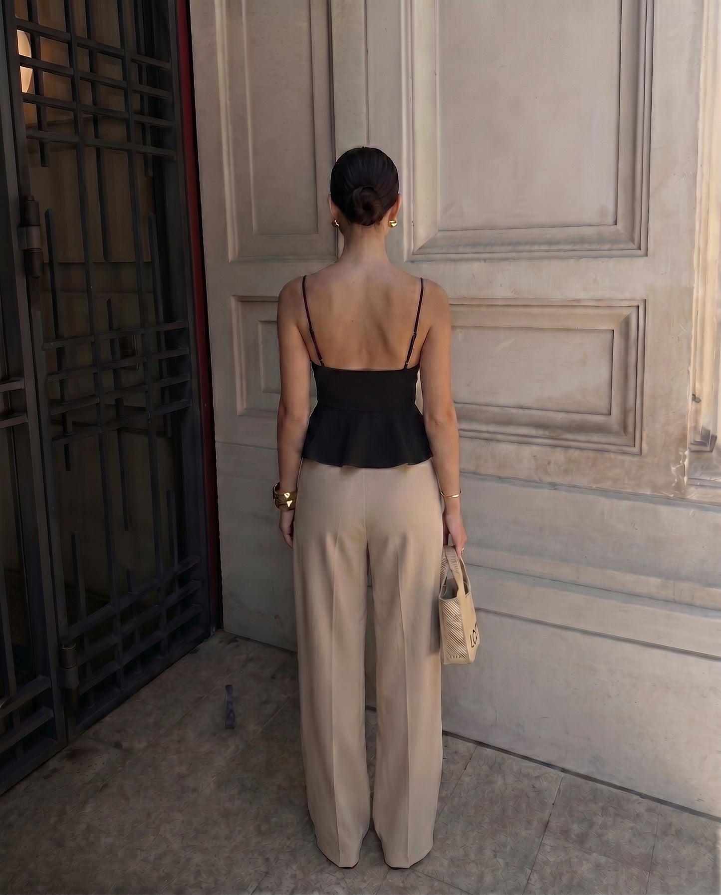 Black Spaghetti Cotton Top and Corset Waist Pleated Pants