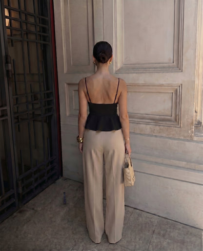 Black Spaghetti Cotton Top and Corset Waist Pleated Pants
