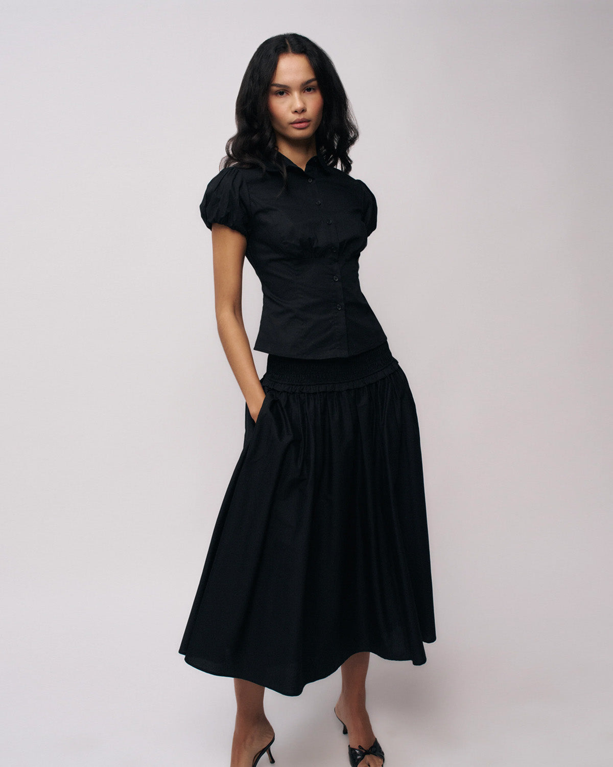 topwear,tops,casual, semi-formal,minimal, summer, timeless,woven,cotton,black,solid,ruched,button,slim fit,waist length,curved hem,collared,puff sleeves,OY1905	,25060005GG