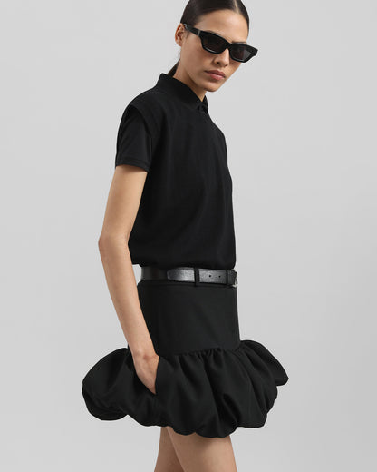 bottomwear,skirts,casual chic, party,bold, gen z, glam, summer,woven,cotton,panelling,black,ruched,zipper,tailored fit,bubble skirt,mini,bubble hem,mid rise	25070001GG, OY2081