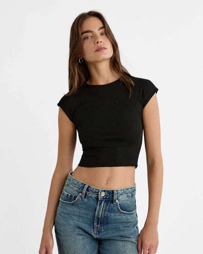 topwear,tops,casual,summer, streetwear,knitted, stretchable,cotton, ribbed,lemon yellow,solid,slim fit,fitted,crop,crew neck,cap sleeves,short sleeves,lavender,black,25050001BU