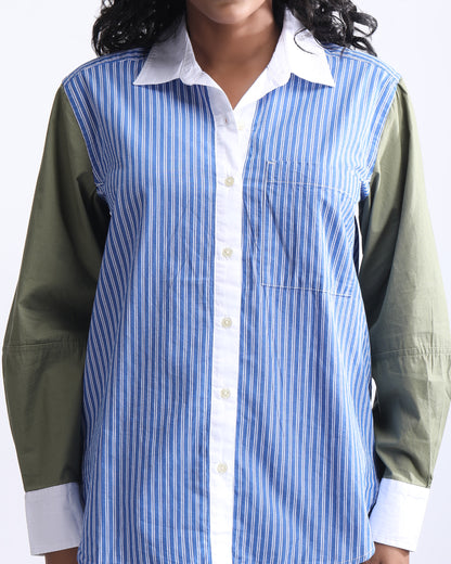 STRIPED BOYFRIEND SHIRT,boyfriend shirts, button, casual, collared, cotton, curved, long sleeves, longline, olive green, printed, relaxed fit, shirts, stripes, topwear, woven,boxy-fit-stripes-color-block-shirt-phase3,Neck - Shirt collar Sleeve - Full sleevesFit - Boxy fitPrint/Pattern - Stripes Color - Green and blue Material - Cotton Detail - Curved Hem