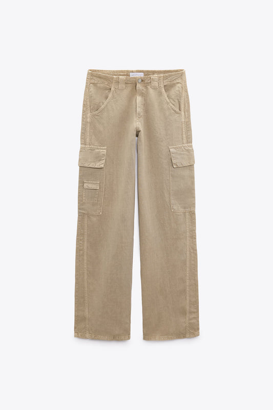 MULTI-POCKET CARGO,beige, bottomwear, cargos, casual, cotton, full length, high rise, patch pocket, straight fit, streetwear, summer, wide leg, woven,cargo-wide-leg-beige-trouser,Length - Full length Waist - Mid-rise waist Fit - Wide leg fitColor - BeigeNo. of pockets - 7Material - CottonLength - 41 inchClosure - Zip &amp; buttons