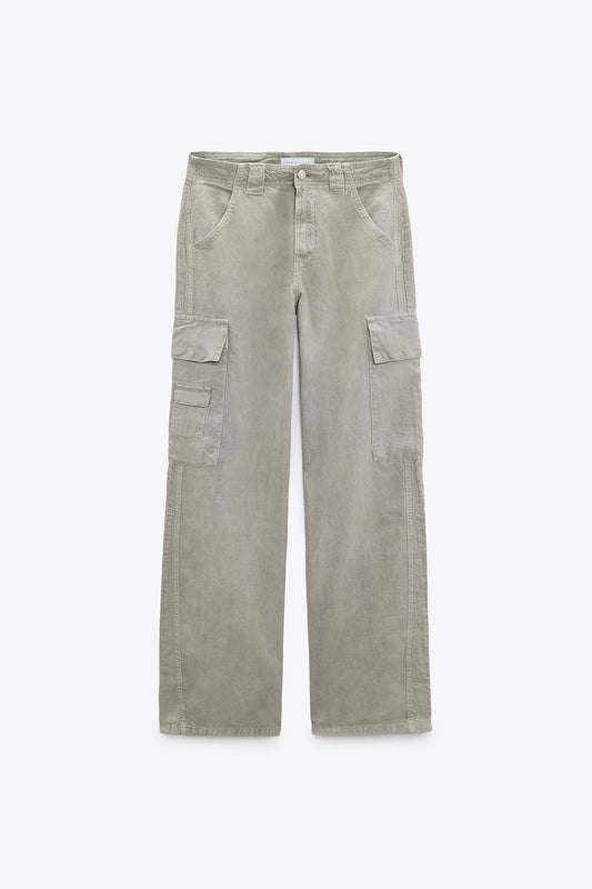 MULTI-POCKET CARGO,beige, bottomwear, cargos, casual, cotton, full length, high rise, patch pocket, straight fit, streetwear, summer, wide leg, woven,cargo-wide-leg-trouser,Length - Full length Waist - Mid-rise waist Fit - Wide leg fitColor - GreyNo. of pockets - 7Material - CottonLength - 41 inchClosure - Zip &amp; buttons
