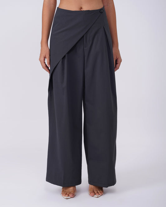 WRAP FRONT WIDE LEG PANTS,bottomwear, full length, grey, high rise, pants, pleated, polyester, relaxed fit, semi-formal, streetwear, summer, wide leg, woven,wrap_front_wide_leg_pants_grey,Color- GreyFabric- Polyester Type- Wide LegFit- Relaxed FitLength- Full Length(41in)Waist- High RiseClosure- Zip &amp; ButtonPrint- SolidDetail- Pleated &amp; Wrap Front