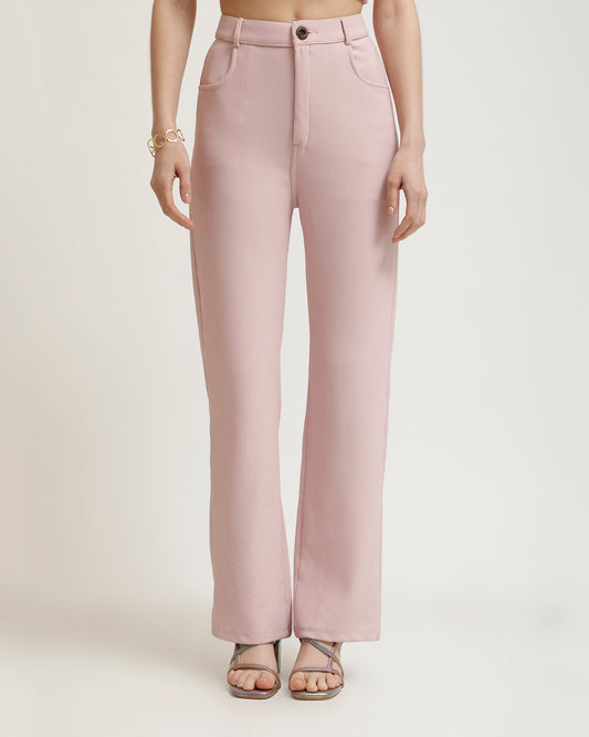 RIBBED TROUSERS,bottomwear, formal, full length, high waist, pastel pink, ribbed, straight fit, trousers,ribbed-trousers-pastelpink,Length - Full Length (41 Inches) Waist - High Waist Fit- Straight Fit Color - Pastel PinkNo. of Pockets - 4 Closure - Zip &amp; Buttons
