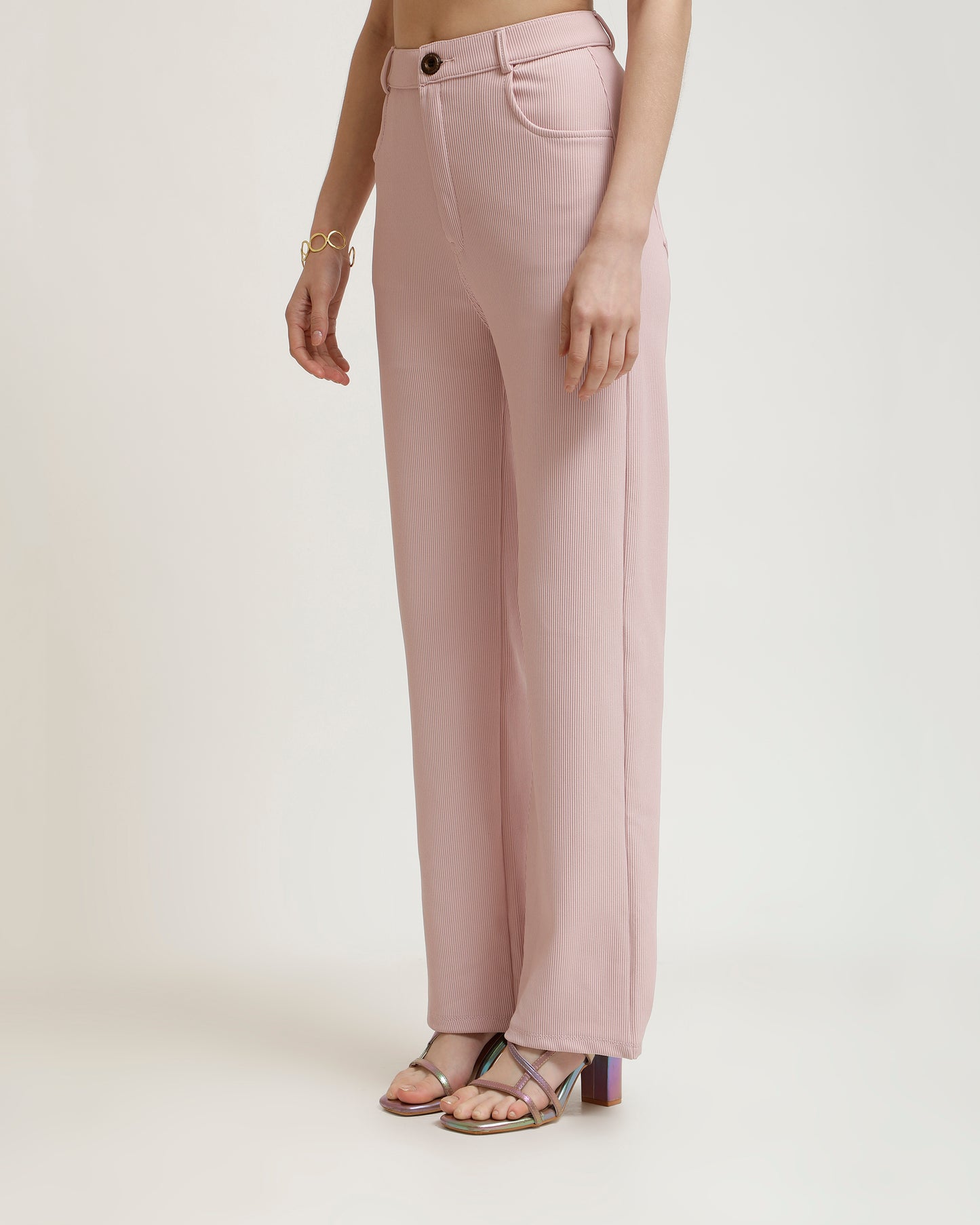 RIBBED TROUSERS,bottomwear, formal, full length, high waist, pastel pink, ribbed, straight fit, trousers,ribbed-trousers-pastelpink,Length - Full Length (41 Inches) Waist - High Waist Fit- Straight Fit Color - Pastel PinkNo. of Pockets - 4 Closure - Zip &amp; Buttons