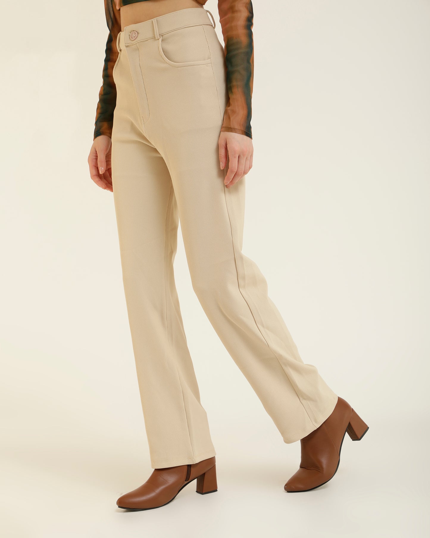 RIBBED TROUSERS,bottomwear, cream, formal, full length, high waist, ribbed, straight fit, trousers,ribbed-trousers-cream,Length - Full Length (41 Inches) Waist - High Waist Fit- Straight Fit Color - CreamNo. of Pockets - 4 Closure - Zip &amp; Buttons