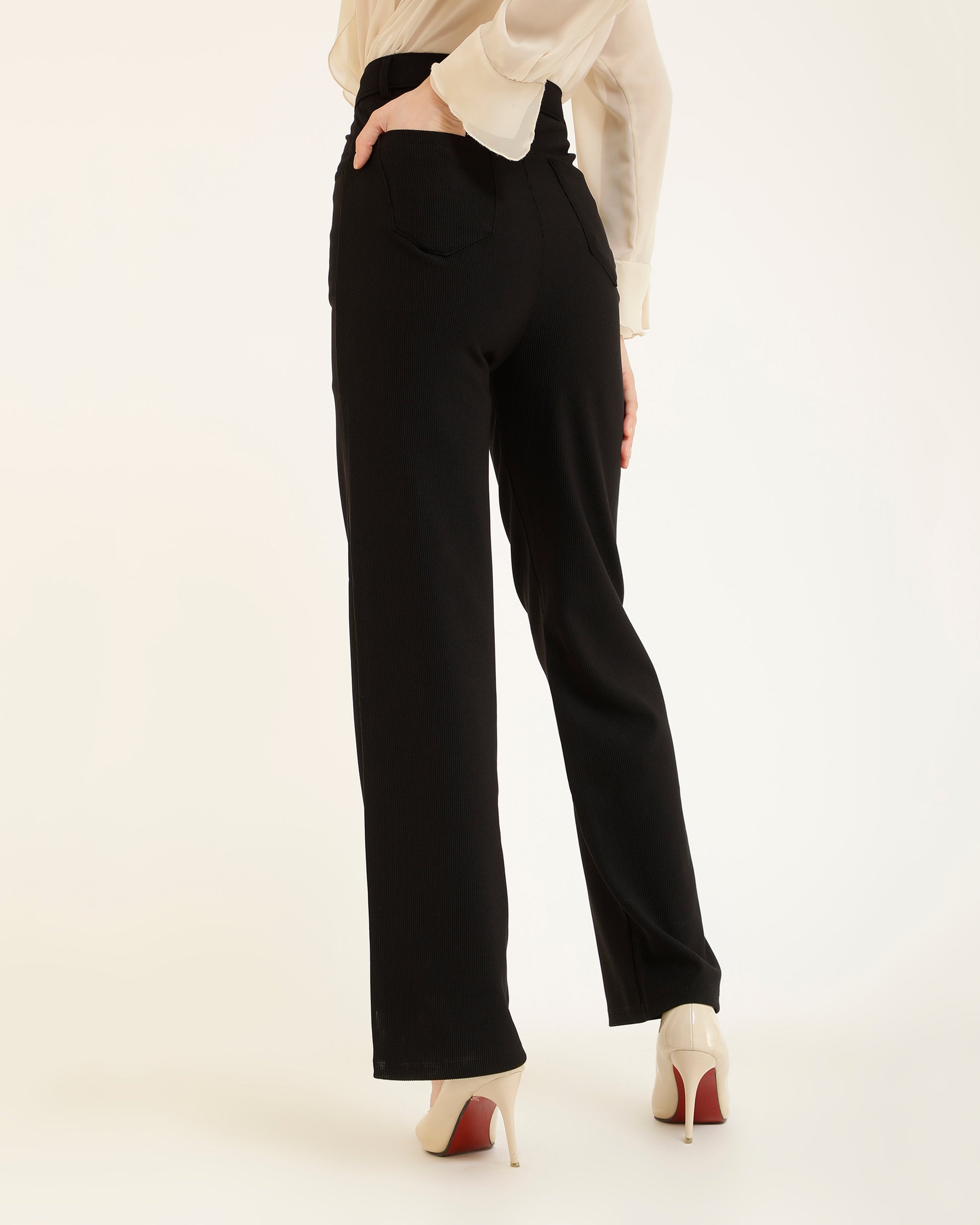 RIBBED TROUSERS,black, bottomwear, formal, full length, high waist, ribbed, straight fit, trousers,ribbed-trousers-black,Length - Full Length (41 Inches) Waist - High Waist Fit- Straight Fit Color - BlackNo. of Pockets - 4 Closure - Zip &amp; Buttons