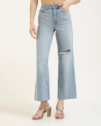 WIDE LEG FRAYED HEM RUGGED JEANS,baggy, blue, bottomwear, frayed hem, full length, high waist, icy blue, jeans, light blue, relaxed fit, rugged, wide leg,wide-leg-ripped-frayed-hem-jeans,Length - Full length Waist - High-rise waist Fit - Wide leg fit Color - Light blue No. of Pockets - 4Material - DenimLength - 40-42 inch Closure - Zip &amp; button Detail - Ripped and frayed hem