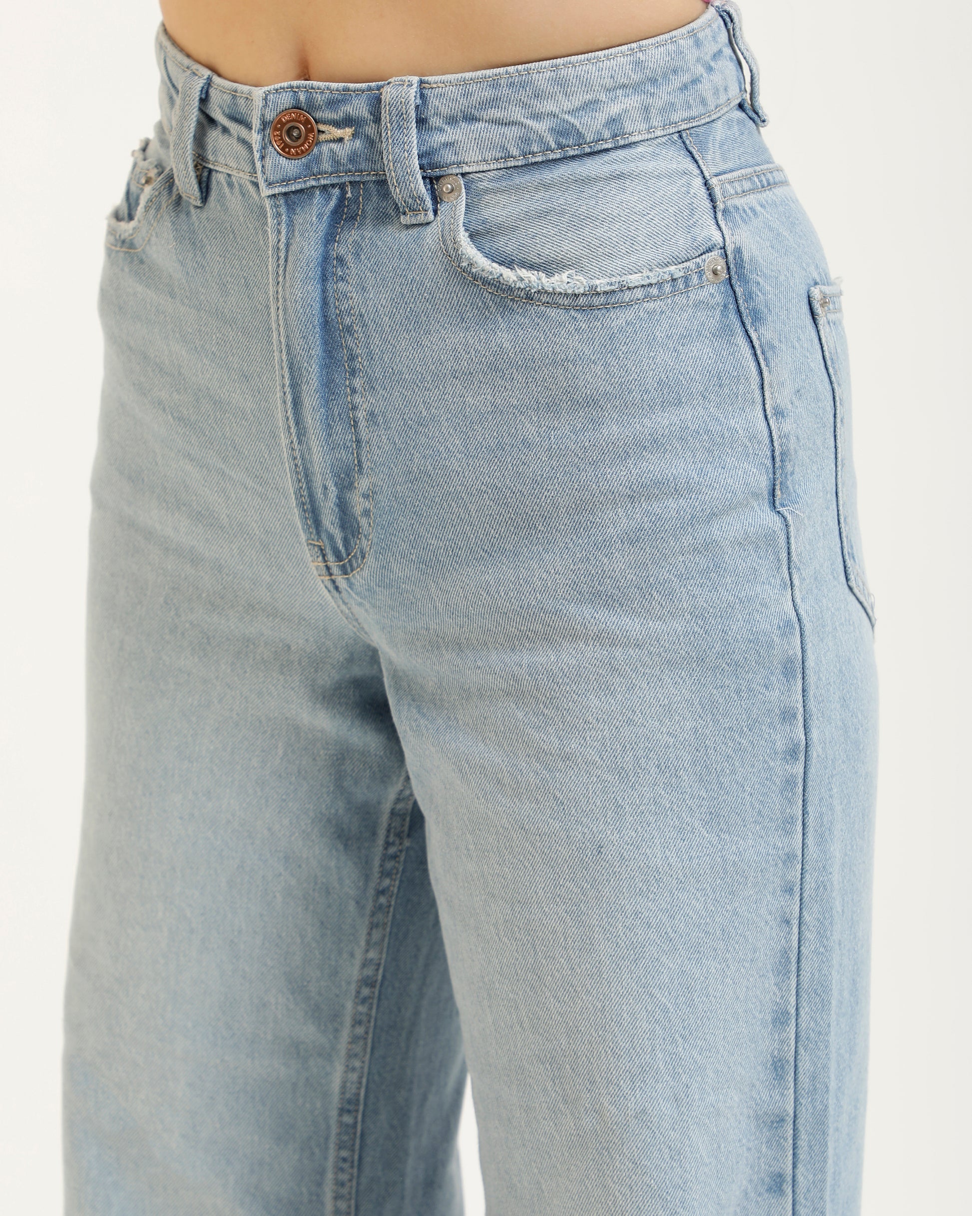 WIDE LEG FRAYED HEM RUGGED JEANS,baggy, blue, bottomwear, frayed hem, full length, high waist, icy blue, jeans, light blue, relaxed fit, rugged, wide leg,wide-leg-ripped-frayed-hem-jeans,Length - Full length Waist - High-rise waist Fit - Wide leg fit Color - Light blue No. of Pockets - 4Material - DenimLength - 40-42 inch Closure - Zip &amp; button Detail - Ripped and frayed hem