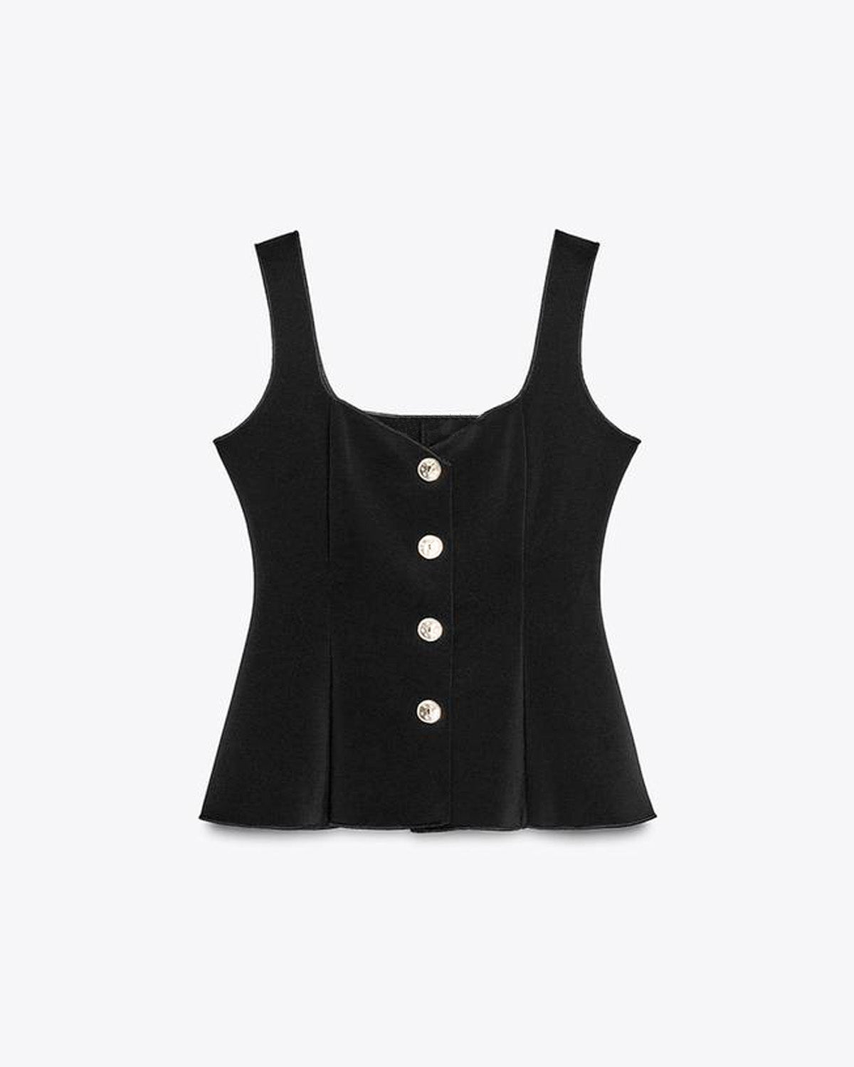 topwear,tops,semi-formal,statement piece,knitted,polyester, spandex,black,solid,panelling,button, golden trims,slim fit,vest,waist length,flounce hem,diamond neck,shoulder strap,no sleeves,sleeveless, OY2177, 25090044GG