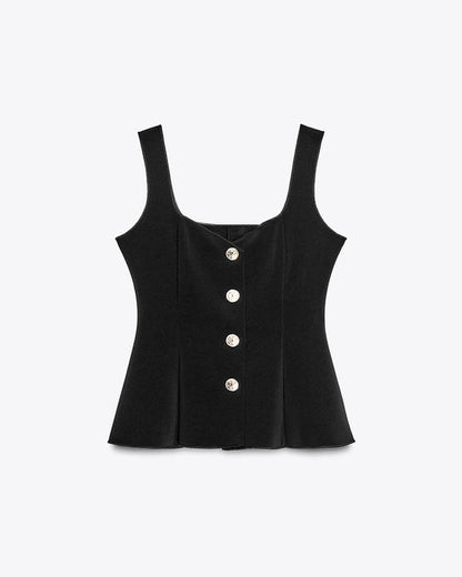 topwear,tops,semi-formal,statement piece,knitted,polyester, spandex,black,solid,panelling,button, golden trims,slim fit,vest,waist length,flounce hem,diamond neck,shoulder strap,no sleeves,sleeveless, OY2177, 25090044GG