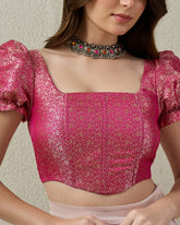 topwear,tops,ethnic, indo-western,ethnic wear, festive wear, indian wear, summer,woven,brocade,banarasi brocade,fuschia pink,floral pattern,textured,zipper,skinny fit,corset,crop,curved hem,square neck,no straps,puff sleeves,short sleeves, OY2090 fuschia pink, 25070041GG