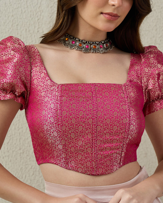 topwear,tops,ethnic, indo-western,ethnic wear, festive wear, indian wear, summer,woven,brocade,banarasi brocade,fuschia pink,floral pattern,textured,zipper,skinny fit,corset,crop,curved hem,square neck,no straps,puff sleeves,short sleeves, OY2090 fuschia pink, 25070041GG