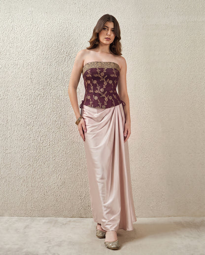 Burgundy Floral Brocade Strapless Corset Top