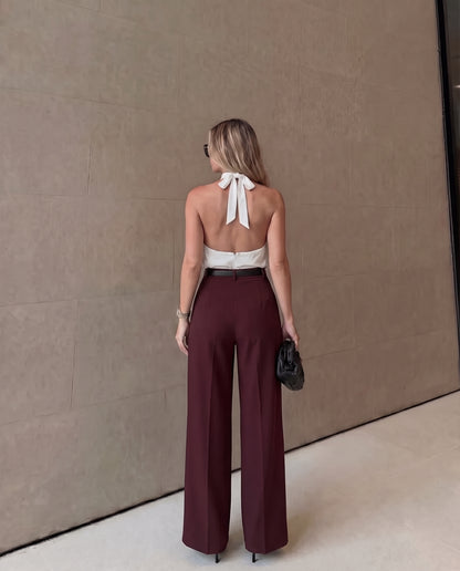Pleated Pants With Belt- Maroon