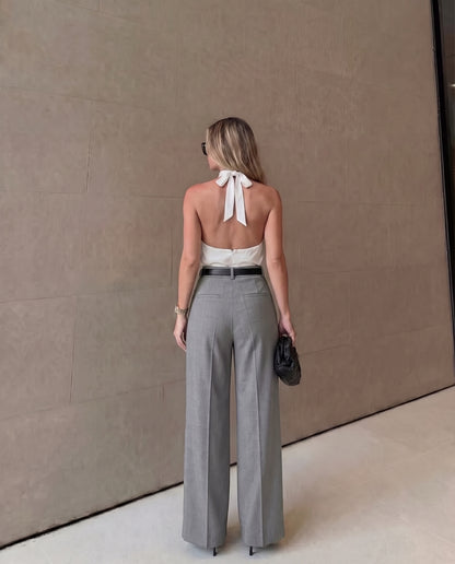 Pleated Pants With Belt - Grey