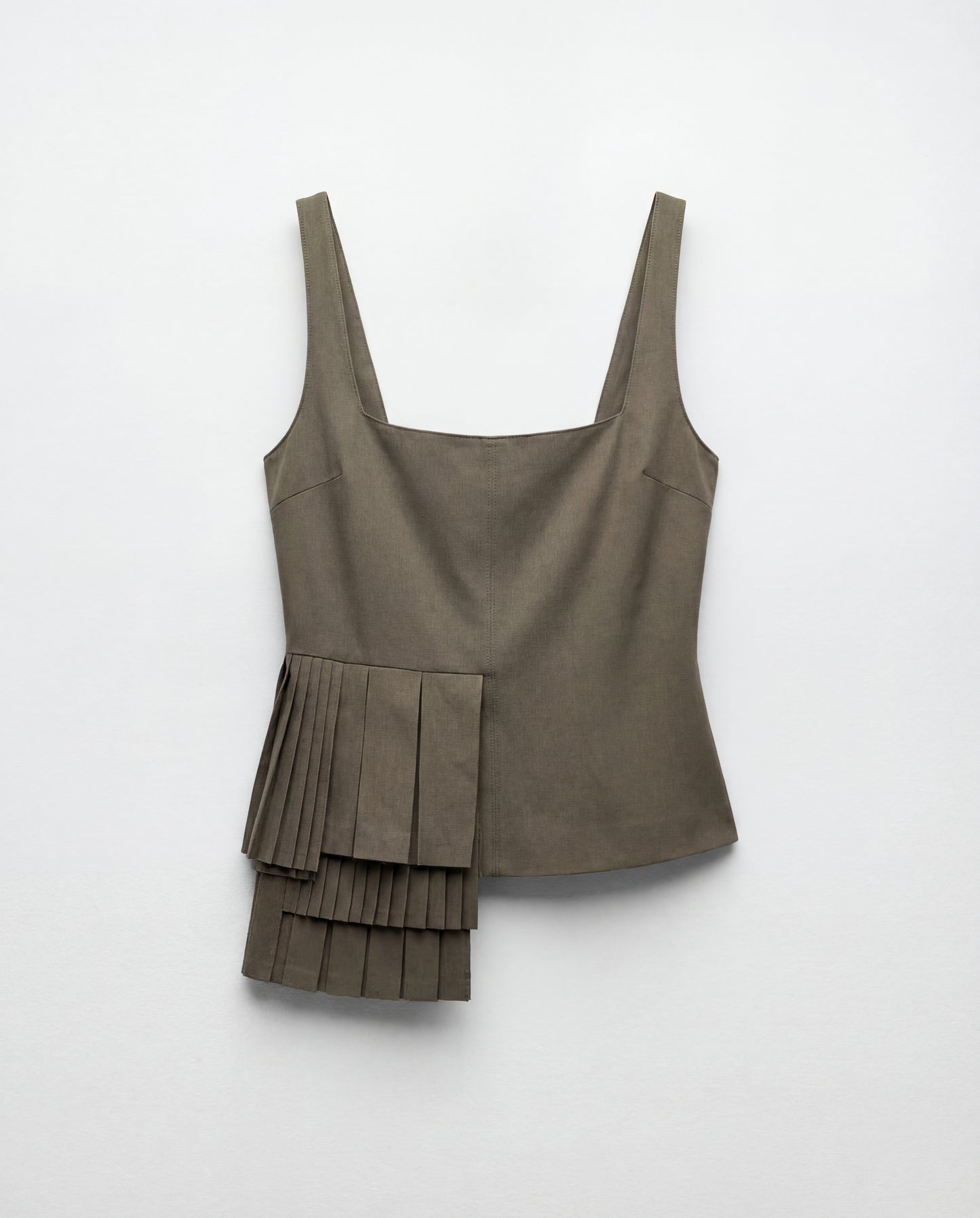 topwear,tops,casual, outdoor events,summer, streetwear,woven,cotton twill,,moss green,solid,pleated,zipper,tailored fit,fitted,waist length,asymmetric hem,square neck,shoulder strap,sleeveless,25040024GG, OY 1202