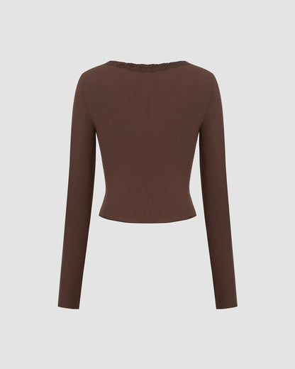 topwear,tops,casual, casual chic,gen z, minimal, summer,knitted, stretchable,ribbed,,brown,solid,contrast fabric, textured,button,skinny fit,crop top,crop,curved hem,v-neck,no straps,set in sleeves,long sleeves, OY2157, 25080019GG