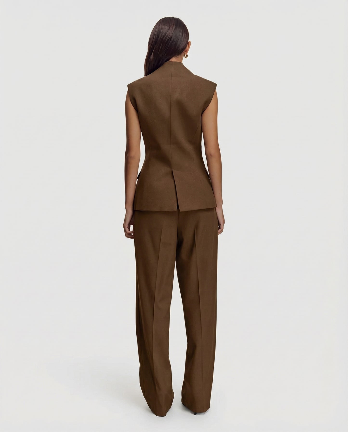 coord sets,bottomwear, topwear,formal, semi-formal, summer,urban fit, genz, minimal,woven,cotton twill,,,brown,solid,double breasted,buttons,regular fit top,waistcoat,longline top,straight hem,v neck,no straps ,no sleeves,sleeveless,button up top,pants,wide leg pants,full length,straight hem,mid rise waist,side pockets,OY3056, 25070026GG