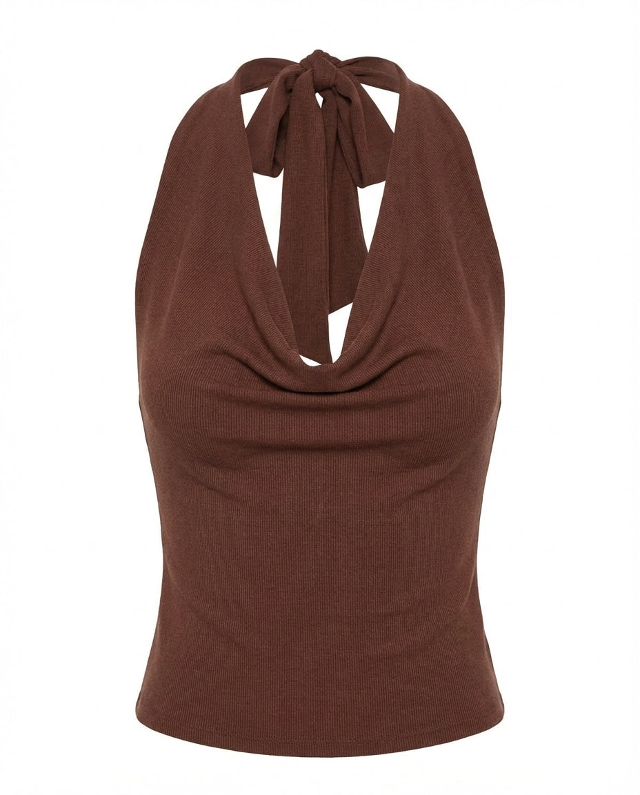 deep-cowl-neck-fitted-brown-top-brown-oy1510,25010010GG52,topwear,tops,vacation, outdoor events,bold, glam, streetwear,knitted,ribbed,brown,solid,slim fit,fitted,regular,cowl neck,sleeveless,Color: Brown
Fabric: Ribbed
Fit: Slim Fit 
Length: Regular
Neck: Cowl Neck
Sleeve: Sleeveless
Print: Solid,DEEP COWL NECK FITTED BROWN TOP
